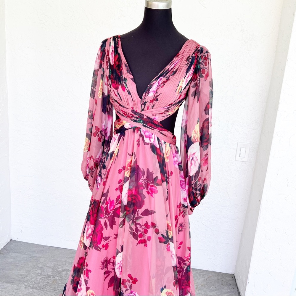 Mac Duggal 67946 Floral Long Sleeve Cut Out Chiffon Maxi Formal Dress Size 4 - Picture 9 of 16